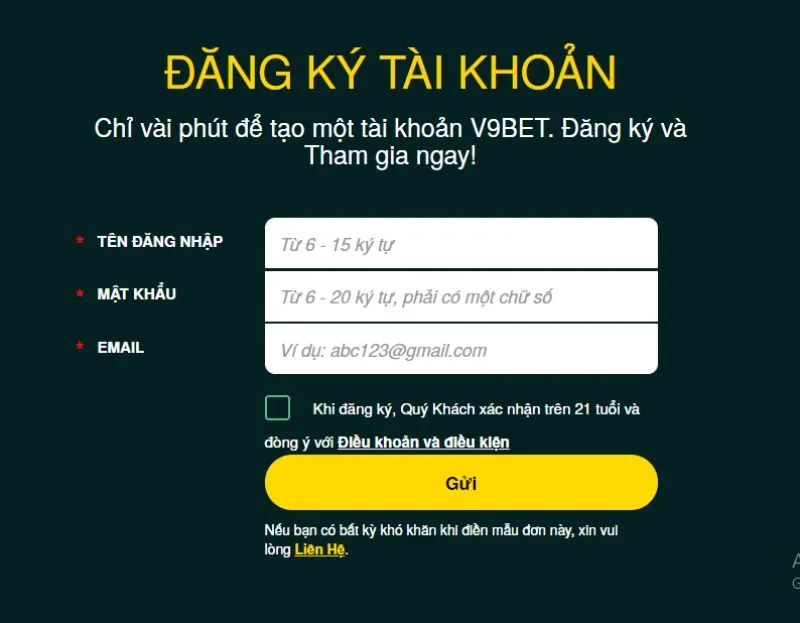 Mọi thông tin yêu cầu đăng ký tài khoản V9Bet đều được hiển thị trực quan, giúp anh em dễ dàng thực hiện