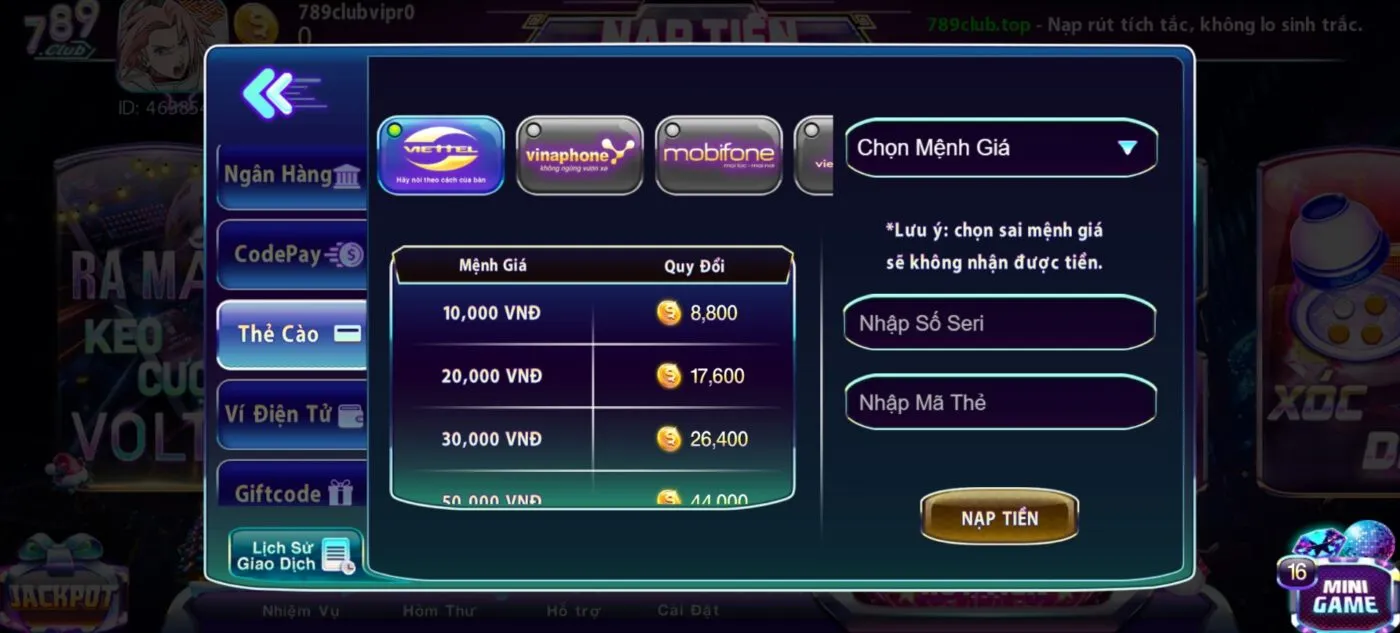 Ảnh nạp tiền 789Club thẻ cào