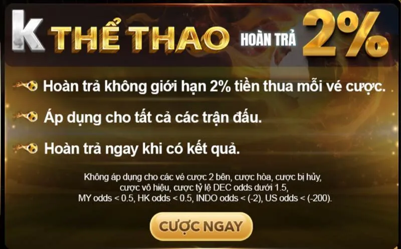 Nhận hoàn trả cược thua tỷ lệ cao đến 2% khi đặt cược cùng K-Thể thao