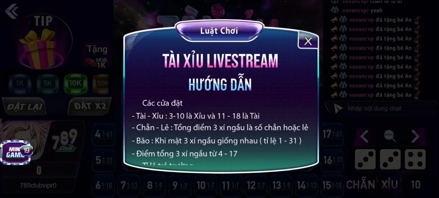 Luật chơi Tài Xỉu livestream 789club