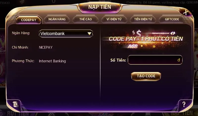 Nạp tiền Gemwin với codepay