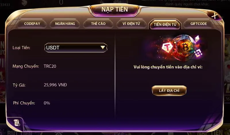 Nhấn “Lấy địa chỉ” để được cung cấp mã ví nhận tiền của cổng game