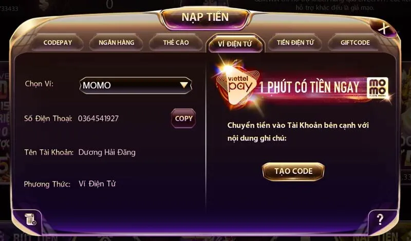 Nạp tiền Gemwin qua Momo siêu tiện lợi