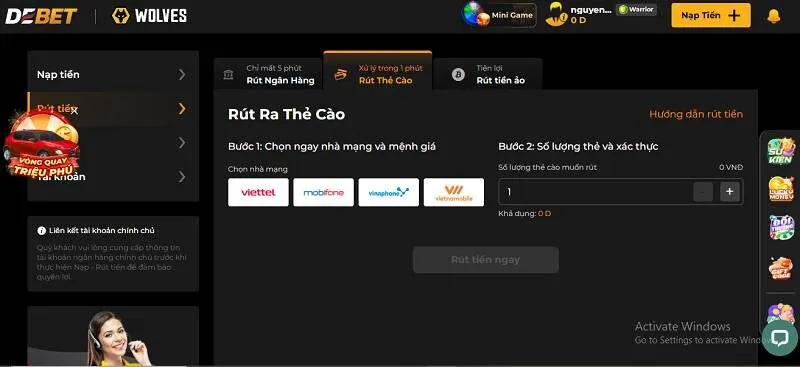 rút tiền debet qua thẻ cào