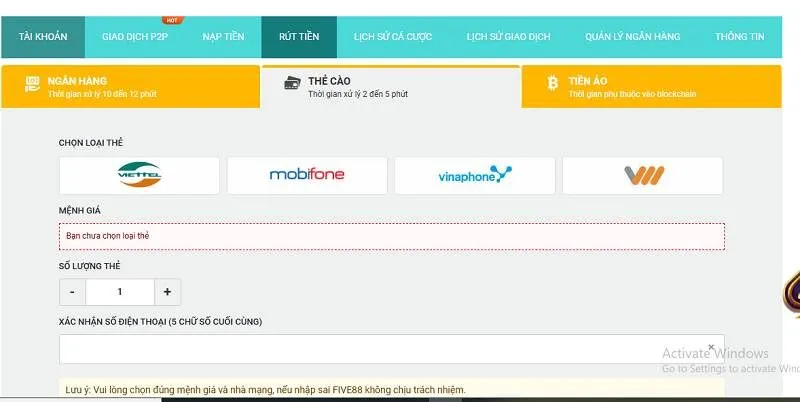 rút tiền five88 qua thẻ cào