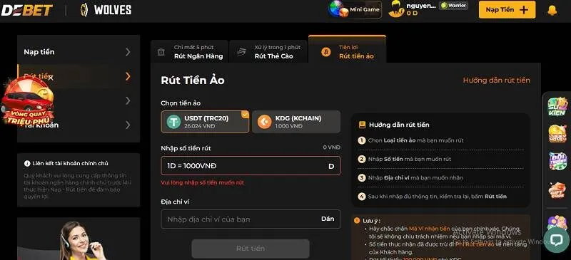 rút tiền debet qua tiền ảo