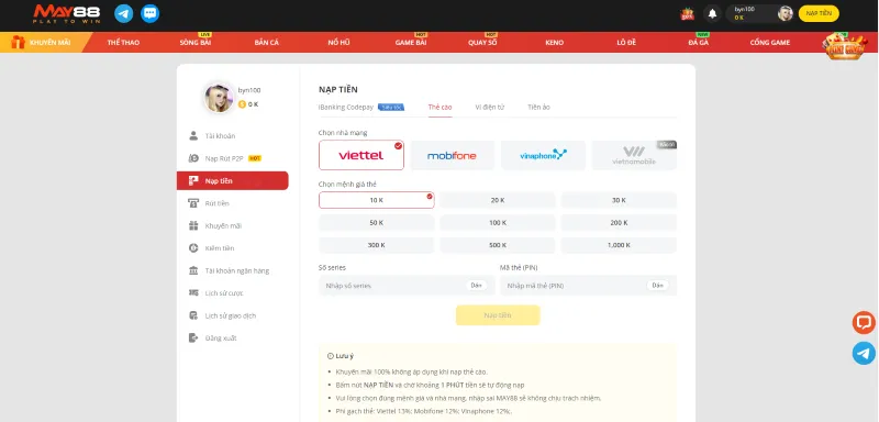 cách Nạp tiền May88