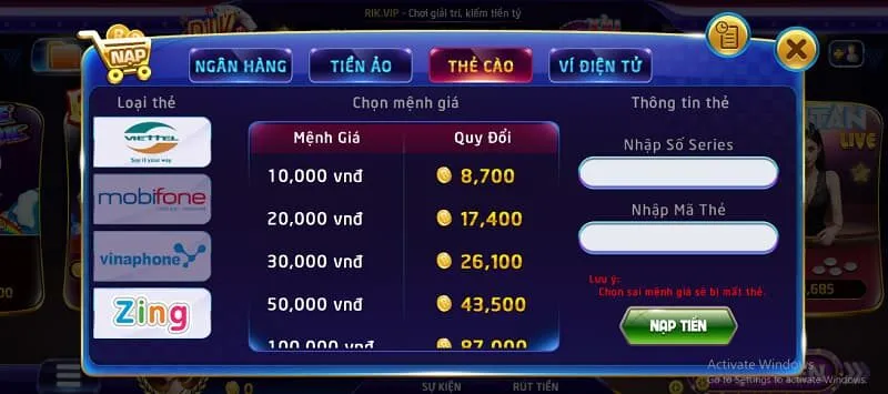 nạp tiền rikvip qua thẻ cào