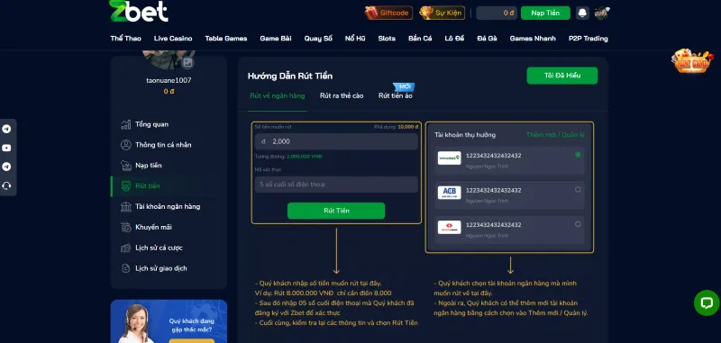 rút tiền zbet