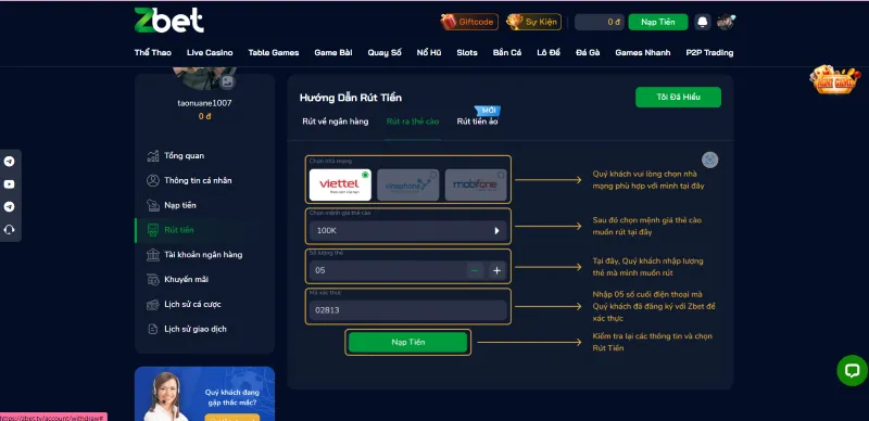 hướng dẫn cách rút tiền zbet
